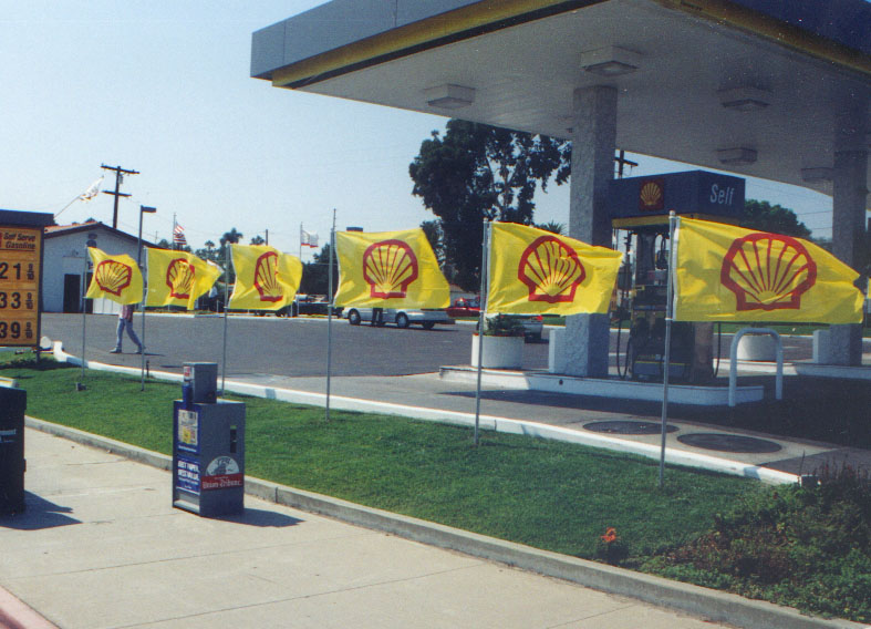 Sidewalk displays of Shell gas station flags